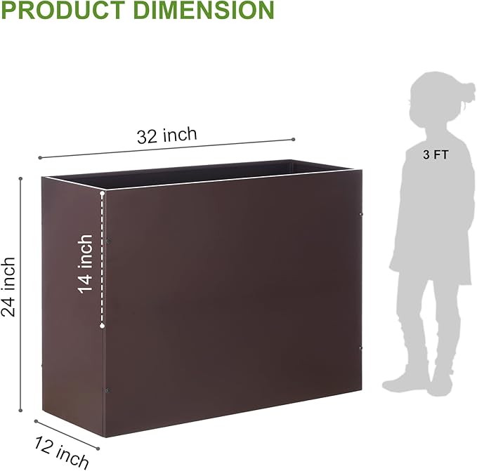 Metal Rectangular Planter Box Tall Planters for Outdoor Plants Modern Heavy Duty with Drainage Holes for Outside Indoor Patio Deck - Brown, 32”x 12”x 24”