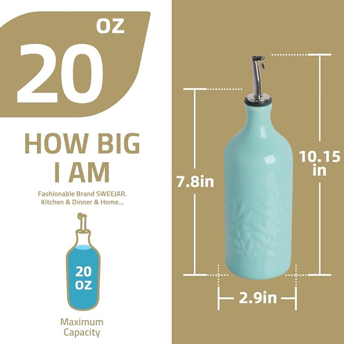 Sweejar Ceramic Olive Oil Dispenser Bottle, 20 Oz Relief Opaque Oil Cruet Protects Oil To Reduce Oxidation, Suitable for Storage Oil, Vinegar, Soy Sauce, Coffee Syrup, Liquids, Pack of 1 (White)