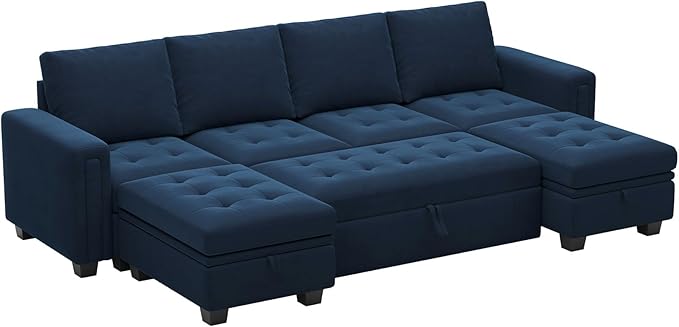 Belffin Modular Sectional Sleeper Sofa with Pull Out Bed Convertible U Shaped Sectional Sofa Couch with Storage Chaises for Living Room Blue