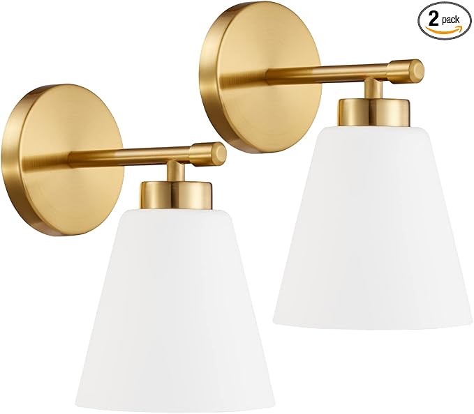 Hamilyeah Gold Sconces Wall Lighting Set of Two with Frosted Glass Shade, Industrial Bathroom Lighting Fixture with Milk Shade, Modern Brass Vanity Sconce Lighting for Bedroom, Living Room