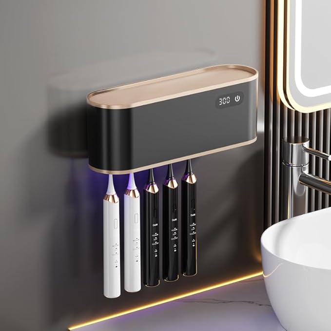 UV Toothbrush Sanitizer Holder for 4 | Wall Mounted Toothbrush Holder for Bathroom with Fan Drying | USB Rechargeable Toothbrush Cleaner & Sterilizer, No Drill Install, Modern Design (Black)