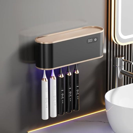 UV Toothbrush Sanitizer Holder for 4 | Wall Mounted Toothbrush Holder for Bathroom with Fan Drying | USB Rechargeable Toothbrush Cleaner & Sterilizer, No Drill Install, Modern Design (Black)