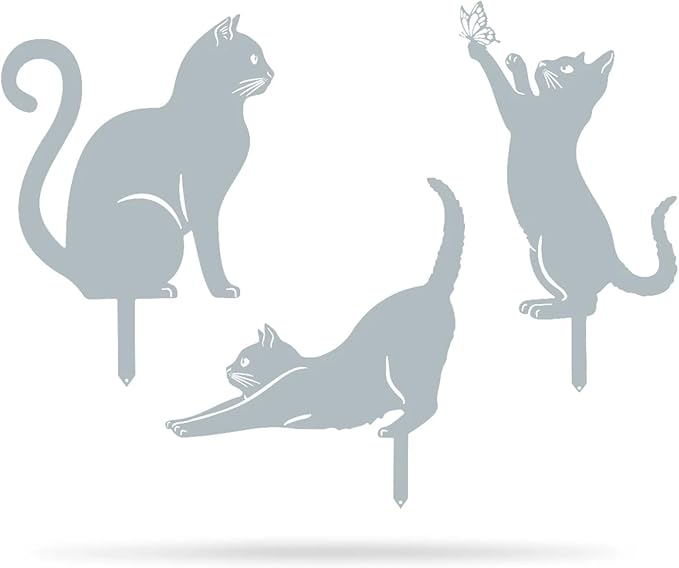 RealSteel I 3 Pack Steel Cat Garden Decor I Outdoor Yard Decorations I Gift for Cat Lovers I Lawn Ornaments and Statues I Garden Signs Decorative Outdoor - Textured Silver