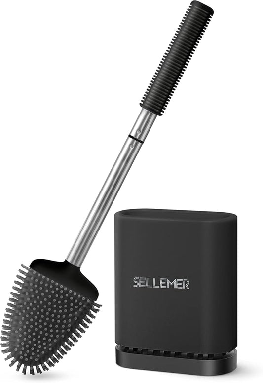 Sellemer Toilet Brush and Holder Set - Flexible Toilet Bowl Brush Head with Silicone Bristles, Compact Size for Storage and Organization, Ventilation Slots Base (1 Pack, Black)