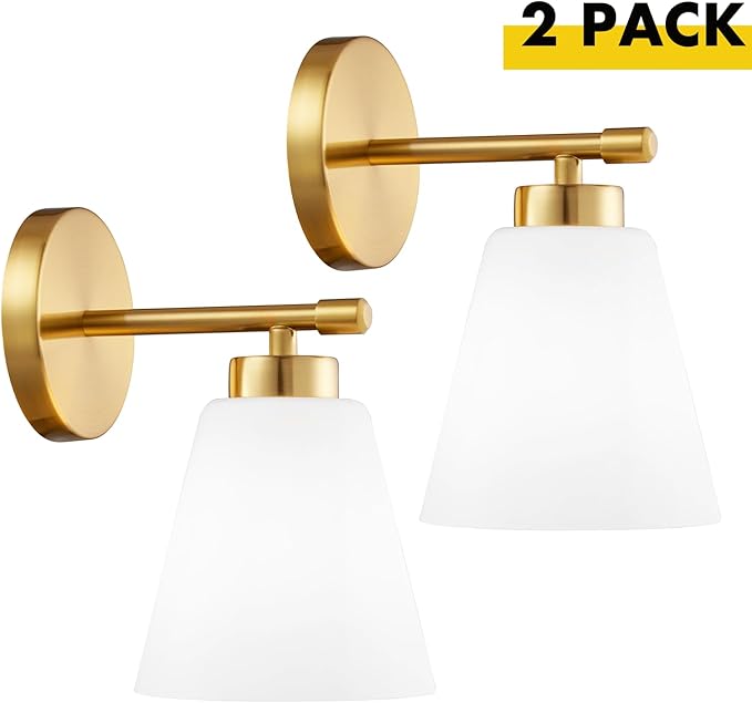 Hamilyeah Gold Sconces Wall Lighting Set of Two with Frosted Glass Shade, Industrial Bathroom Lighting Fixture with Milk Shade, Modern Brass Vanity Sconce Lighting for Bedroom, Living Room