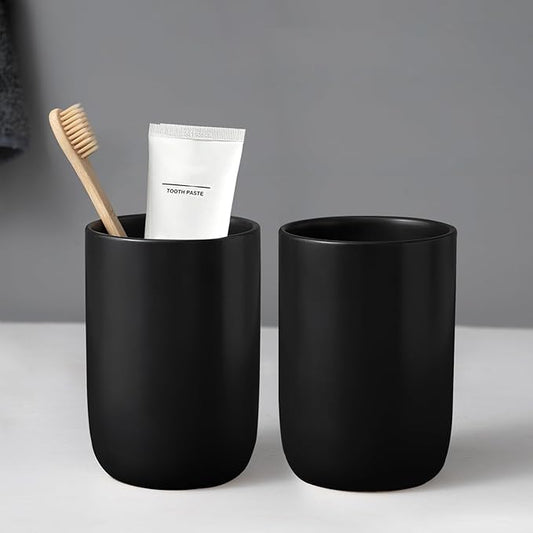 Matte Black Toothbrush Holders for Bathrooms - 2 Cups Ceramic Toothbrush Toothpaste Holders Set, Black Bathroom Tumbler Cups Reusable Toothbrush Cup Black Mouthwash Cup, Bathroom Counter Organizer