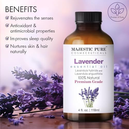 Majestic Pure Lavender Essential Oil with Glass Dropper - Huge 4 Fl Oz - 100% Pure and Natural Lavender Oil - Premium Grade Essential Oils for Diffuser, Aromatherapy, Soap and Candle Making