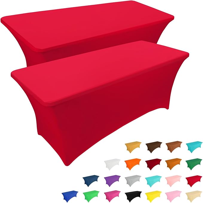 IVAPUPU 2 Pack 4FT Table Cloth for Rectangular Fitted Events Stretch Red Table Covers Washable Cover Spandex Tablecloth Protector for Party, Wedding, Cocktail, Banquet, Festival
