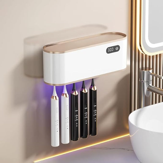 UV Toothbrush Sanitizer Holder for 4 | Wall Mounted Toothbrush Holder for Bathroom with Fan Drying | USB Rechargeable Toothbrush Cleaner & Sterilizer, No Drill Install, Modern Design (White Ⅱ)