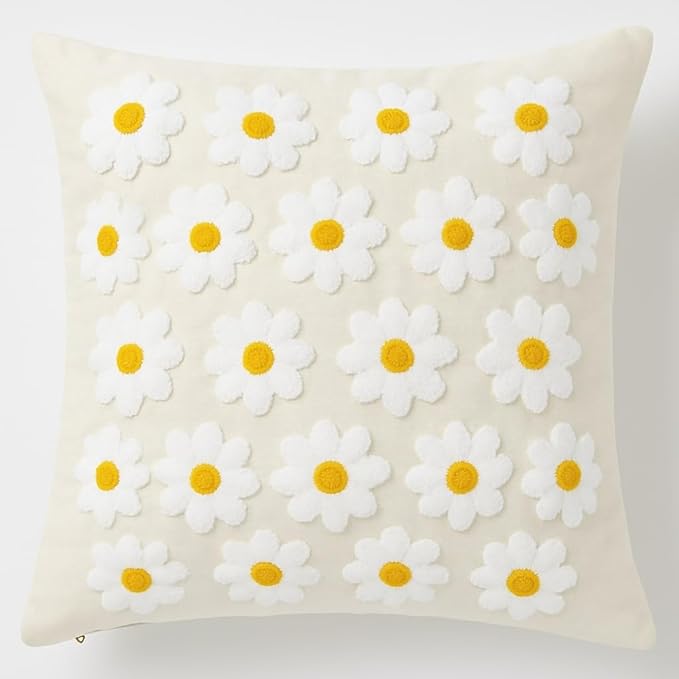 katre home madame & textile Throw Pillow Cover – Handcrafted Daisy Design on Natural Cotton – 18x18 inch – Decorative Punch Needle Cushion Cover – Boho Floral Accent Pillowcase