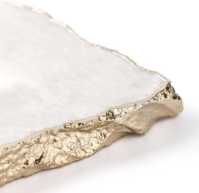 Generic White Quartz Agate Cheese Board Platter Tray Gold Plated Edges Agate Slab for Table Centrepiece Geode Stone Gifts For House Warming, Engagement, Wedding, Christmas