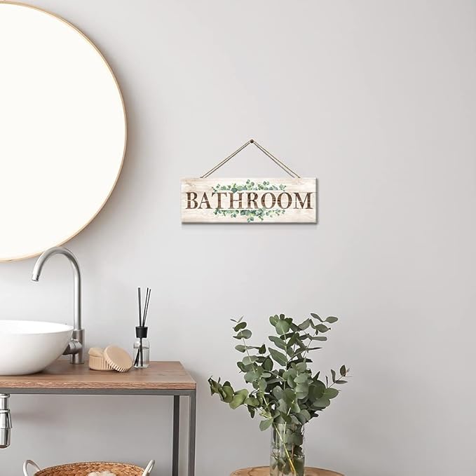 Bathroom Sign Wall Decor, Bathroom Wall Art with Plant Print, Rustic Farmhouse Wall Hanging Plaque Home Kitchen Decorative Bathroom, 4.7 x 13.7 inches