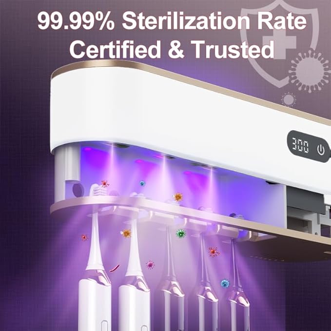 UV Toothbrush Sanitizer Holder for 4 | Wall Mounted Toothbrush Holder for Bathroom with Fan Drying | USB Rechargeable Toothbrush Cleaner & Sterilizer, No Drill Install, Modern Design (White Ⅱ)