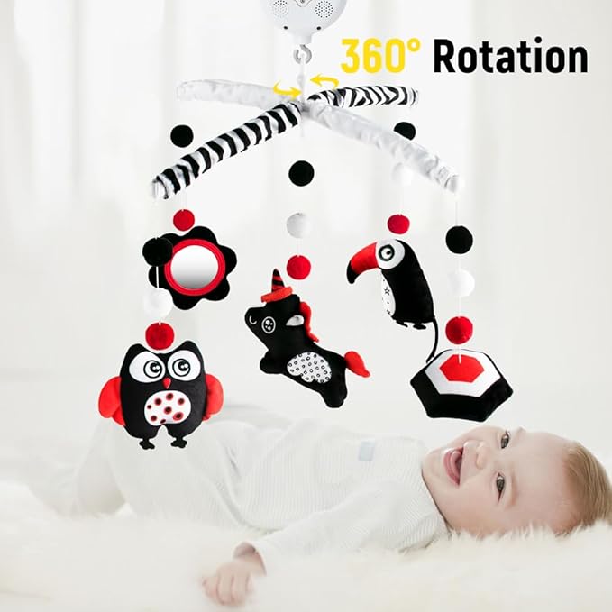 Montessori Mobile Baby for Crib,Black and White Baby Crib Mobile with Music for Boys & Girls,High Contrast Hanging Crib Toys, Newborn Visual Stimulation to Engage