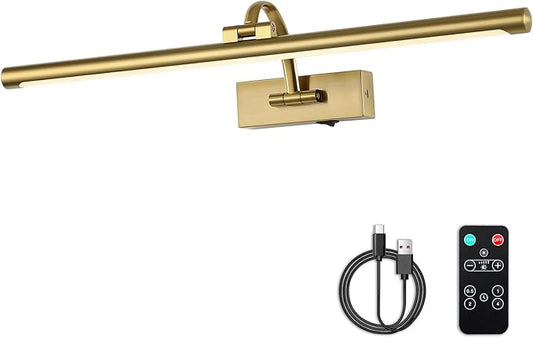 Wireless Picture Lights with Remote and Timer Rechargeable Brass Gallery Lighting Battery Operated Art Lights Over Frame Portrait 5W 24'' Inch Warm White