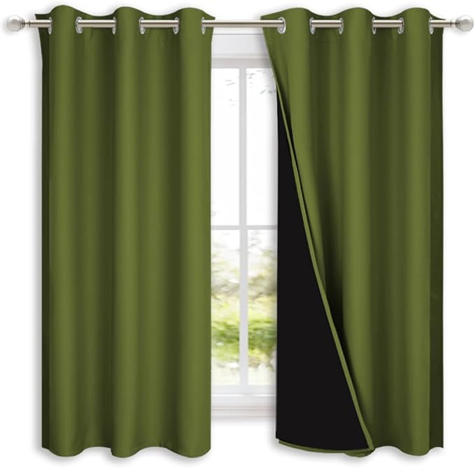 NICETOWN 100% Blackout Lined Curtains, Olive Green, 1 Pair, 2 Thick Layers - Image 2