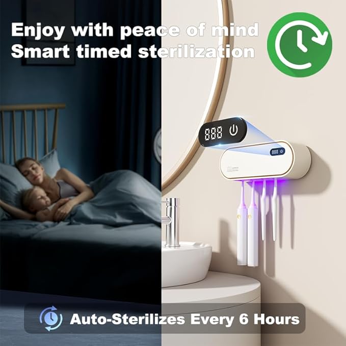 UV Toothbrush Sanitizer Holder for 4 | Wall Mounted Toothbrush Holder for Bathroom with Fan Drying | USB Rechargeable Toothbrush Cleaner & Sterilizer, No Drill Install, Modern Design (White)