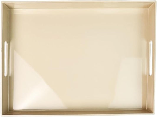 Beige Decorative Tray, Rectangular Large Serving Tray with Handles, Plastic Coffee Table Tray for Ottoman, Living Room, Kitchen Tabletop, 15.7” x 11.8” x1.6”