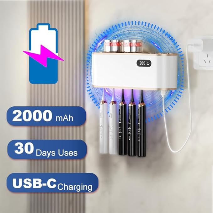 UV Toothbrush Sanitizer Holder for 4 | Wall Mounted Toothbrush Holder for Bathroom with Fan Drying | USB Rechargeable Toothbrush Cleaner & Sterilizer, No Drill Install, Modern Design (White Ⅱ)