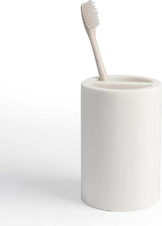 White Toothbrush Holder for Bathrooms – Modern Resin Countertop Organizer with Slots, Compact Toothbrush and Toothpaste Storage for Vanity, Hotel, Airbnb (White)