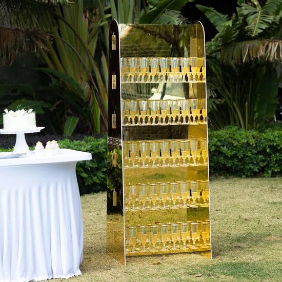 Tableclothsfactory Gold Mirror Finish 5-Tier Wine Glass Stemware Rack, 40 Champagne Flute Holder Foam Board Wall Stand - 5ft for Party & Decorations