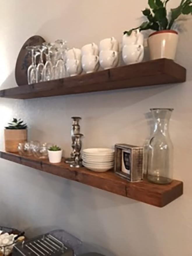 joelsantiques Floating Shelf, Wood Wall Shelf, Natural Wooden Home Decor for Bathroom Kitchen Bedroom, Hanging Mounted Invisible Bracket (Medium Brown, 7" Deep x 48" Wide)