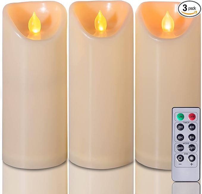 Homemory 3"x7" Outdoor Waterproof Flameless Candles with Timers and Remote Control, Battery Operated Candles, LED Plastic Candles, Ivory, Set of 3