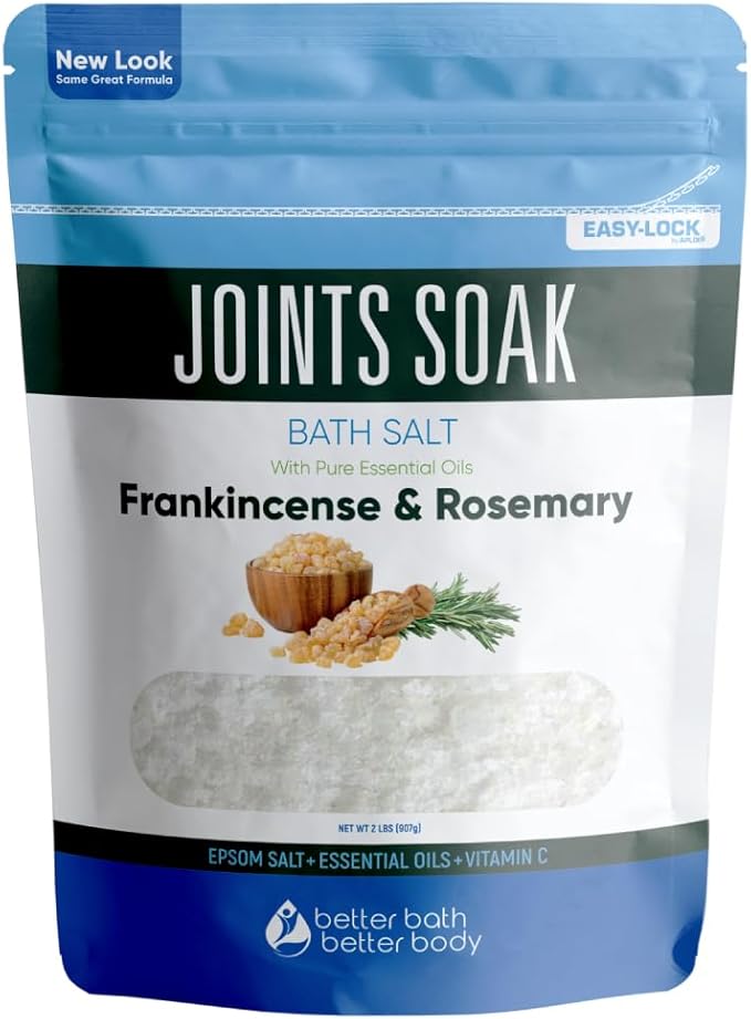 Joints Soak Bath Salt 32 Ounces Epsom Salt with Natural Rosemary, Frankincense and Peppermint Essential Oils Plus Vitamin C in BPA Free Pouch with Easy Press-Lock Seal