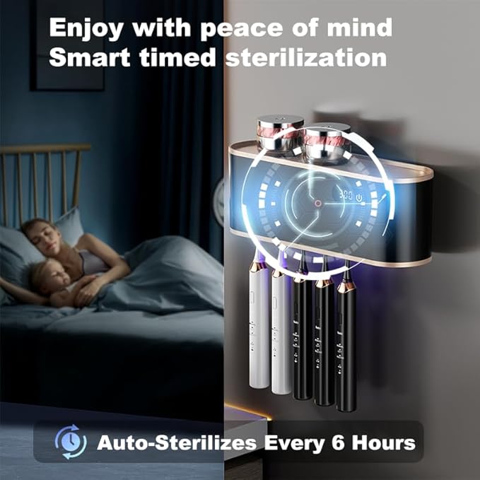 UV Toothbrush Sanitizer Holder for 4 | Wall Mounted Toothbrush Holder for Bathroom with Fan Drying | USB Rechargeable Toothbrush Cleaner & Sterilizer, No Drill Install, Modern Design (Black)