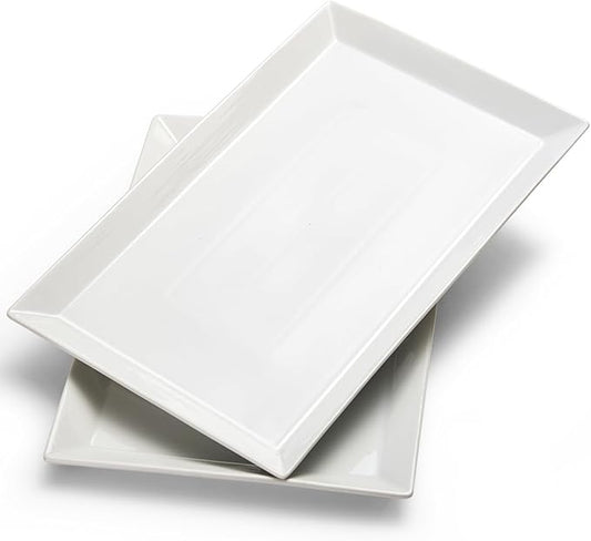 MIECOO Large Serving Platters, 18.5" x 11.5" White Serving Trays Set, Rectangular Porcelain Plates for Party, Wedding, Birthday, Entertaining, Food, Appetizer, Fruit, Sushi, Dessert, Set of 2