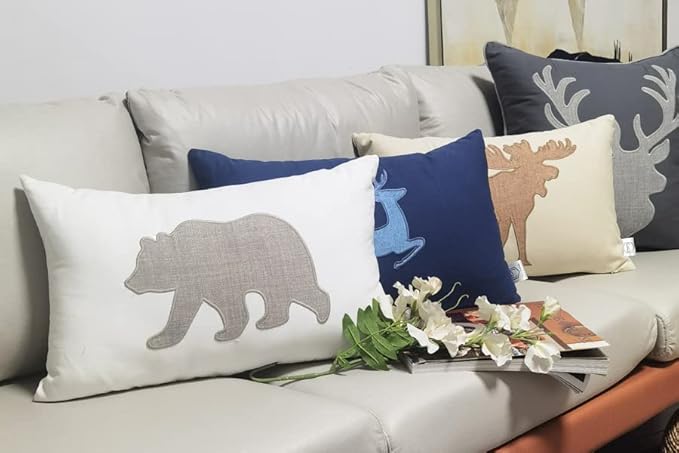 Bear Pillow Covers 12x20 Inches Decorative Cotton Linen Throw Lumbar Waist Embroidered Cushions Covers for Couch Sofa Bedroom (White)