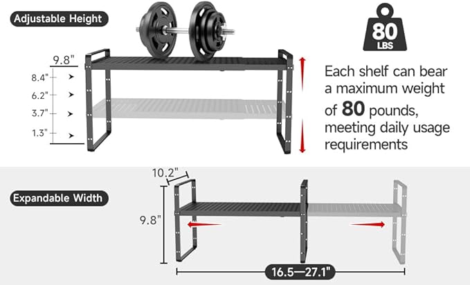 Hole Pattern Expandable Shelf Organizer,1Pack 10.2" Wide Easy to Assemble Cabinet Organizer Shelf, 16.5~27.1" Adjustable Height&Stackable Spice Organization for Cupboard, Black
