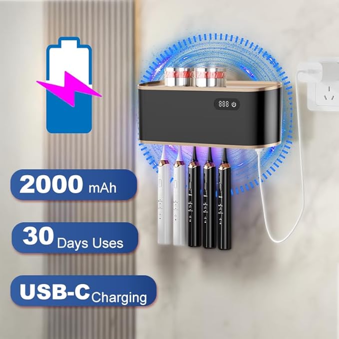 UV Toothbrush Sanitizer Holder for 4 | Wall Mounted Toothbrush Holder for Bathroom with Fan Drying | USB Rechargeable Toothbrush Cleaner & Sterilizer, No Drill Install, Modern Design (Black)