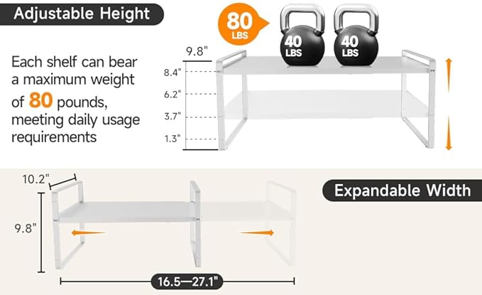 16.5~27.1" Expandable Shelf Organizer, 2Pack 8.1" Wide Stackable Cabinet Shelf Organizers, White Metal Sturdy Kitchen Counter Storage for Countertop, Adjustable Height Spice Rack