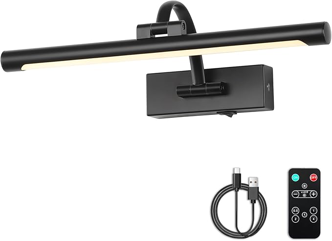 Picture Lights Battery Operated with Remote and Dimmable Function, Rechargeable Gallery Light Black Art Light Wireless Painting Lights 16'' Inch for Display, Portrait, Artwork, Warm White