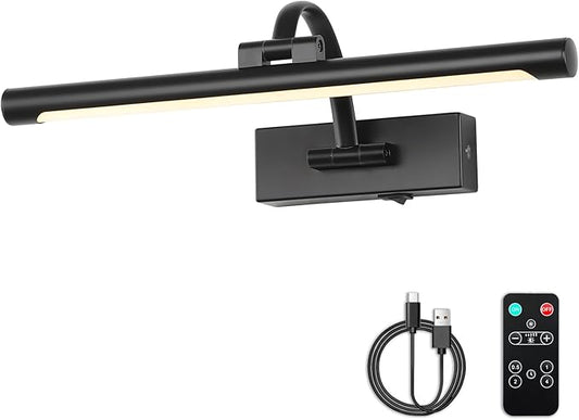 Picture Lights Battery Operated with Remote and Dimmable Function, Rechargeable Gallery Light Black Art Light Wireless Painting Lights 16'' Inch for Display, Portrait, Artwork, Warm White