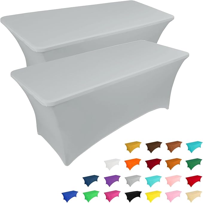 IVAPUPU 2 Pack 4FT Table Cloth for Rectangular Fitted Events Stretch Grey Table Covers Washable Cover Spandex Tablecloth Protector for Party, Wedding, Cocktail, Banquet, Festival