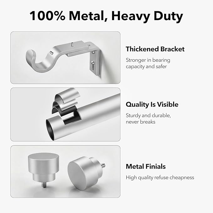 IFELS Heavy Duty Curtain Rods for Windows 66 to 120 Inch, 1 Inch Silver Window - Image 3