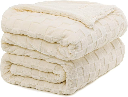 Pawque Super Soft Cozy Throw Blanket King Size for Couch Bed, Fluffy Sherpa Fleece Reversible Thick Warm Fuzzy Blanket for All-Season, 3D Checkered Jacquard Decorative Blankets, Cream White, 108"x90"