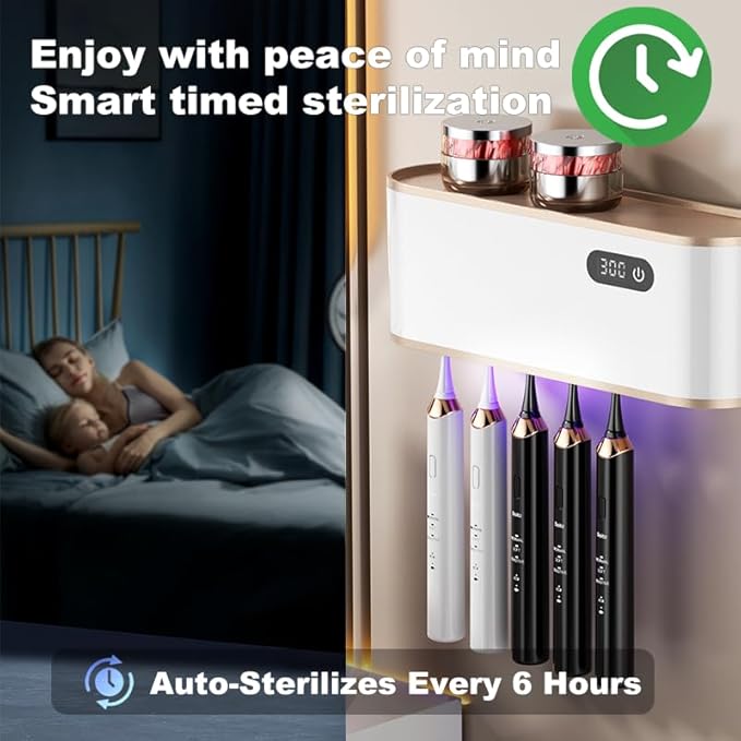 UV Toothbrush Sanitizer Holder for 4 | Wall Mounted Toothbrush Holder for Bathroom with Fan Drying | USB Rechargeable Toothbrush Cleaner & Sterilizer, No Drill Install, Modern Design (White Ⅱ)