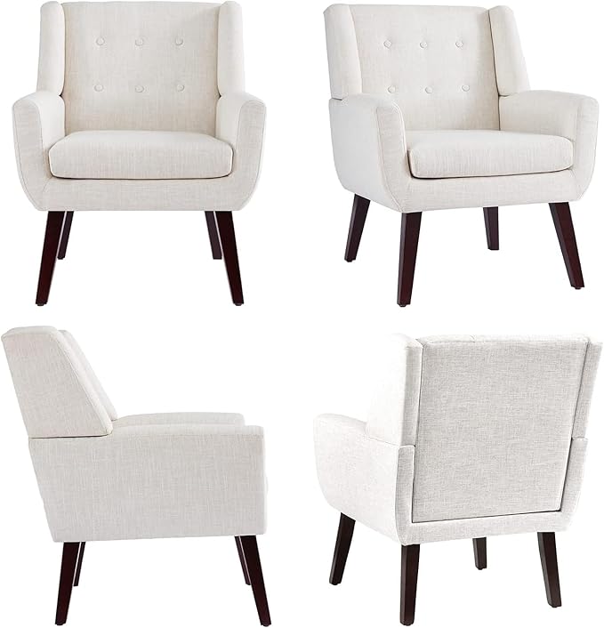 HUIMO Accent Chair Living Room Chair, Upholstered Button Tufted Armchair, Linen Fabric Sofa Chairs for Bedroom, Living Room, Mid-Century Modern Comfy Reading Chair (Beige)