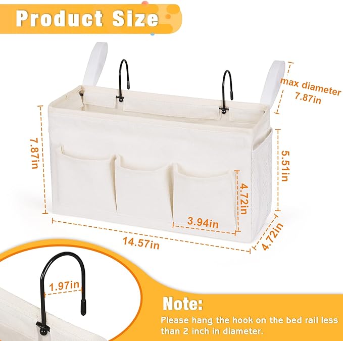 Bedside Caddy Bedside Organizer Bedside Storage Caddy with Fixed Straps and Water Bottle Holder for Home College Dorm Bunk Bed Hospital Bed Crib Bed Rails (White)