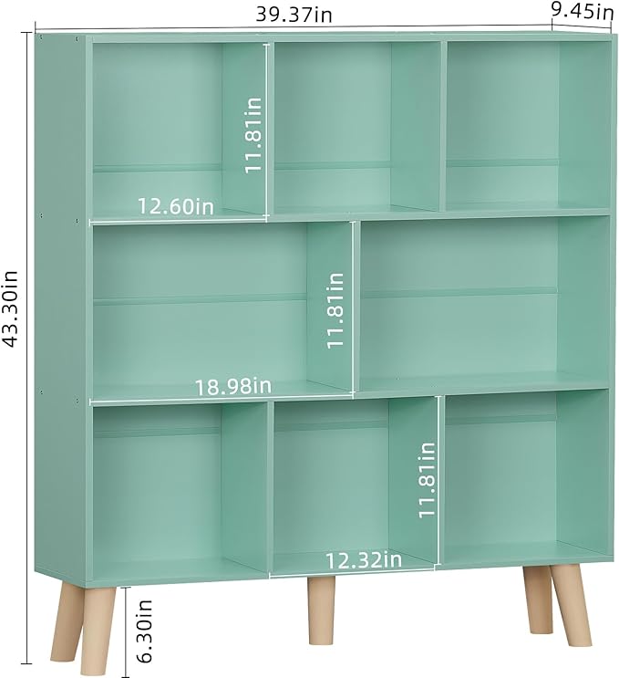 LEYAOYAO 8 Cube Bookshelf 3-Tier Bookcase with Legs, Mint-Green Kids Book Shelf Cute Storage Organizer, Large Open Toy Shelves Modern Bookshelves,Display Bookcases for Bedroom,Living Room,Nursery