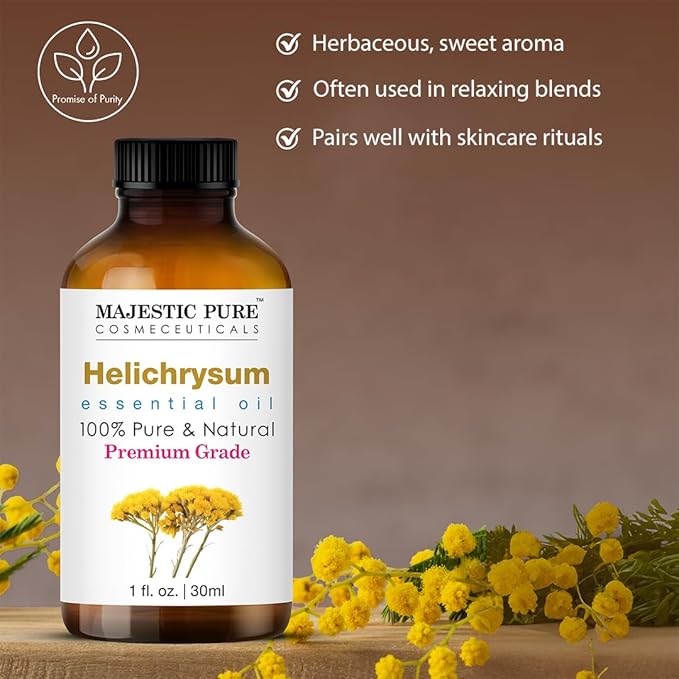 Majestic Pure Helichrysum Essential Oil with Glass Dropper - 1 Fl Oz - 100% Pure and Natural Helichrysum Oil - Premium Grade Essential Oils for Diffuser, Aromatherapy, Soap and Candle Making