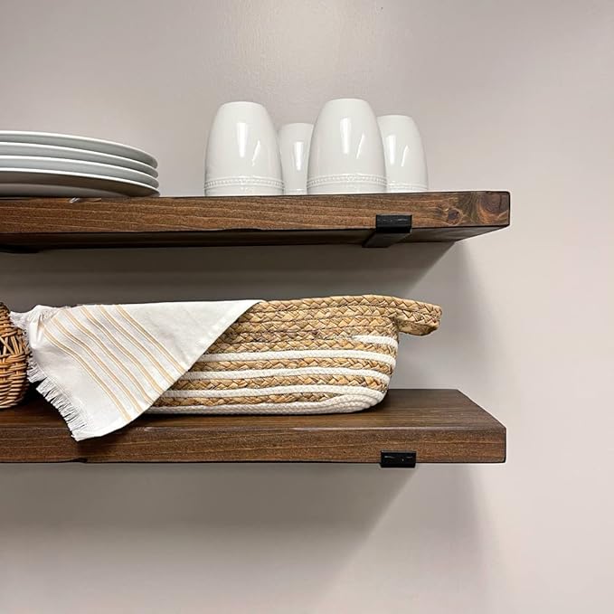 Rustic Shelves with J-Brackets Set of 2, Industrial Shelf, Kitchen Shelves, Solid Wood, Decorative Wall Storage, Heavy Duty, URBANDI (Provincial, 24Wx8D)