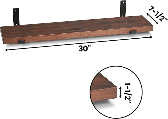 CONSDAN Floating Shelf for Wall Mounted Book Shelf Hanging Shelves Floating Bookshelf for Bedroom, Bathroom, Living Room, Kitchen USA Grown Solid Hardwood, Dark Maple 30x7.5x1.5 in