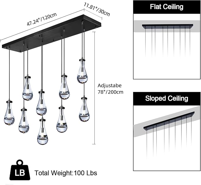 Raindrop 9-Light Chandeliers for Dining Room, Black Dining Room Lights Fixture Over Table, Teardrop Pendant Lights Kitchen Island, Adjustable Rope Hanging Lamp Ceiling for Entryway Foyer