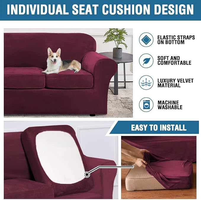 H.VERSAILTEX Modern Velvet Plush 4 Piece High Stretch Sofa Slipcover Sofa Cover - Image 6