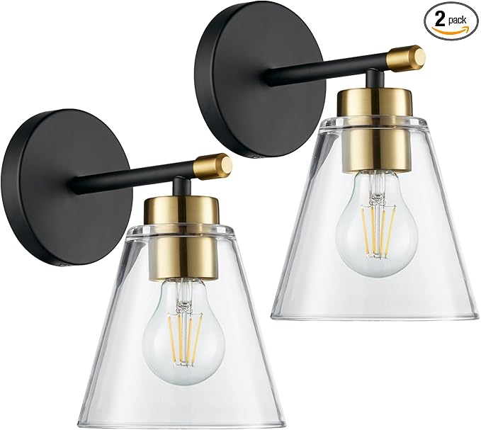 Hamilyeah Black and Gold Wall Sconces Set of 2, Bathroom Sconces Wall Lighting Fixture Indoor with Glass Shade, Mordern Black Wall Sconce Lighting for Kitchen, Hallway, Living Room