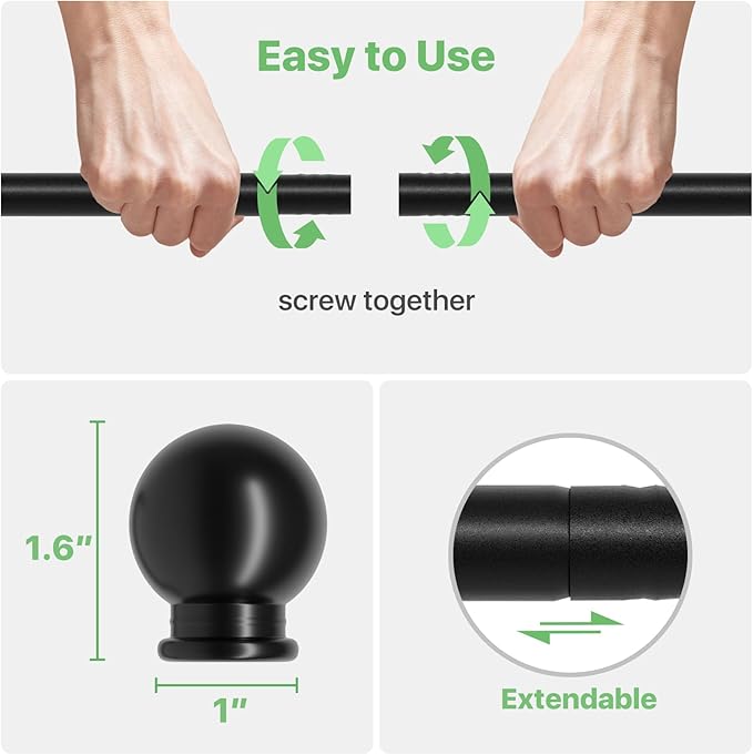 2 Pack Black Metal Curtain Rods, 28-60 inch, Heavy Duty, Adjustable, Wall - Image 5